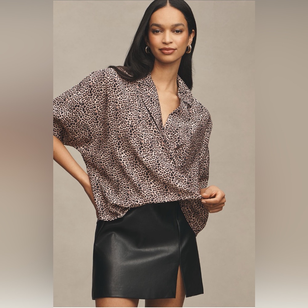 Anthropologie Leopard-Print Draped Silk Blouse in Brown and Black